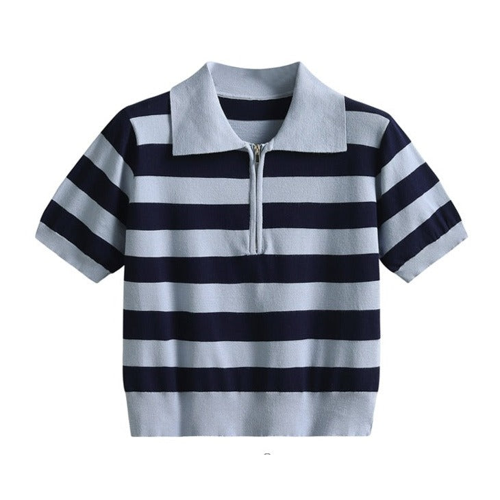 Zipper Striped Polo T-Shirt - Light Blue / One size - Shirt
