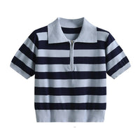 Thumbnail for Zipper Striped Polo T-Shirt - Light Blue / One size - Shirt