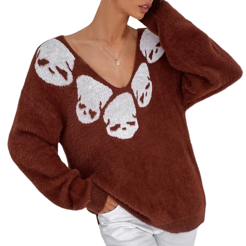 Skull Print Long Sleeve Sweater - Brown / M