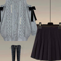 Thumbnail for Off Shoulder Bow Diamond Knitted Sweater Skirt Set