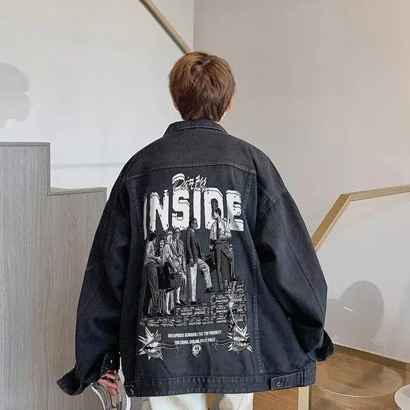 Oversized printed denim jacket in blue with Y2K Harajuku street style design detail