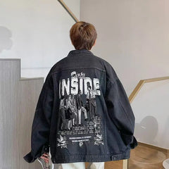 Oversized printed denim jacket in blue with Y2K Harajuku street style design detail