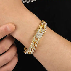 Double Row Pave Rhinestone Diamond Cuban Link Chain Bracelet