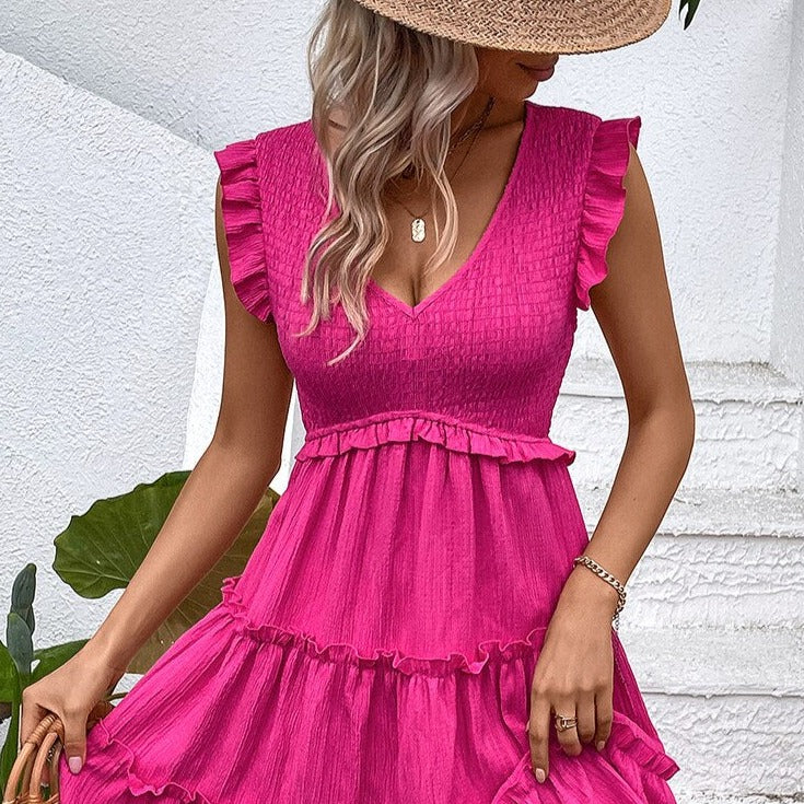 Pink Mid Pleat Sleeveless A-line V Neck Dress