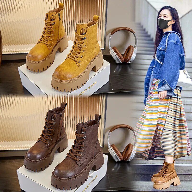 High Thick Sole Lace Up Ankle Round Toe Boots - boots