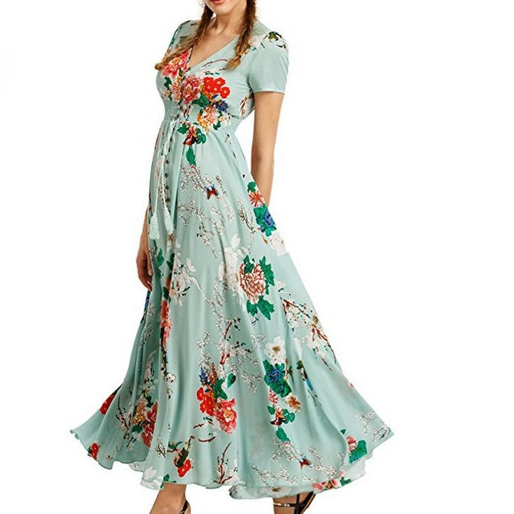 Bohemian Flower Print V-Neck Dress - Blue / Short Sleeve / S