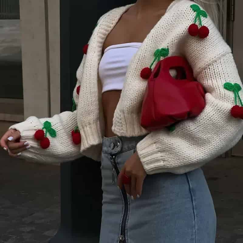 Aesthetic 3D Cherry Knitted Long Sleeve Loose Cardigan