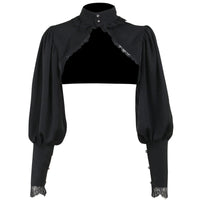 Thumbnail for Lantern Sleeve Cropped Pullover Shawl Lace Top - Black / S -