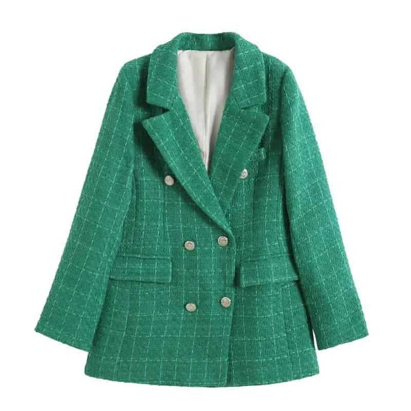 Double Breasted Houndstooth Long Sleeve Blazer - XS / Green