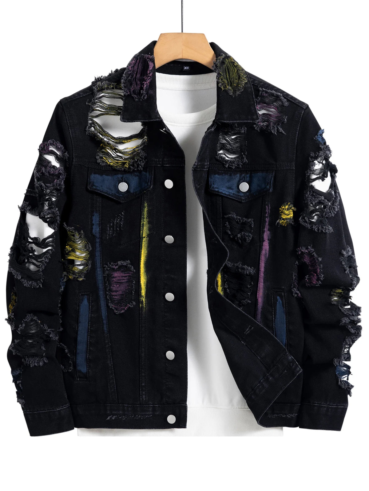 Distressed Denim Jacket Colorblock Black