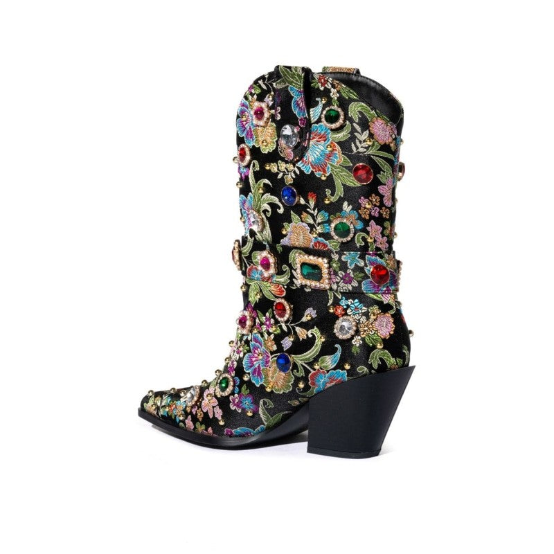 Floral Gem Embroidered Mid Calf Western Boots