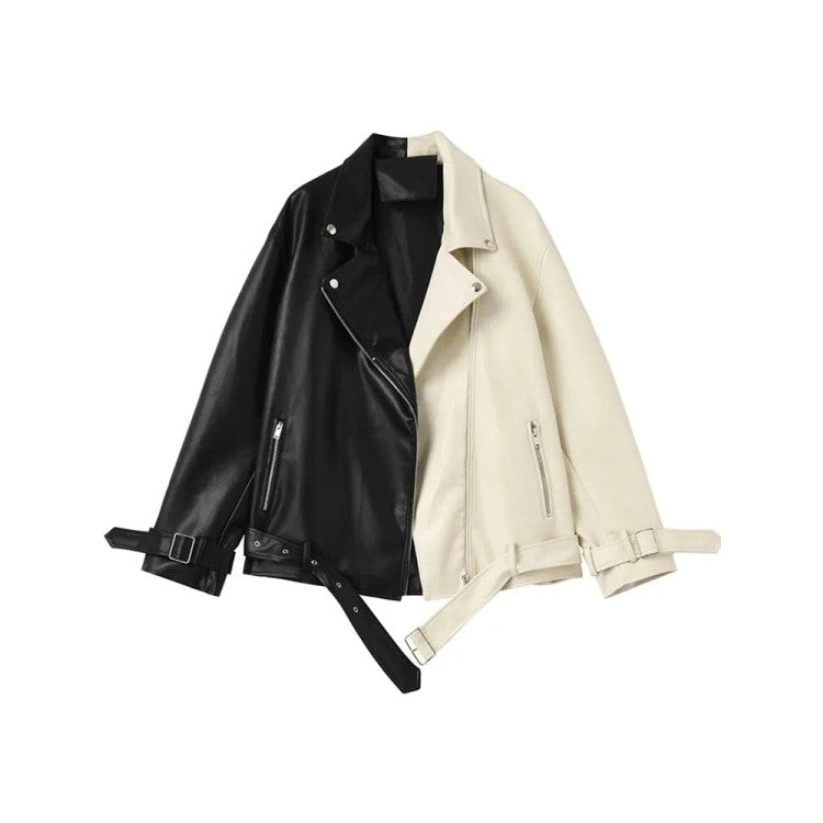 PU Leather Loose Outwear With Belt Jacket - Beige / S