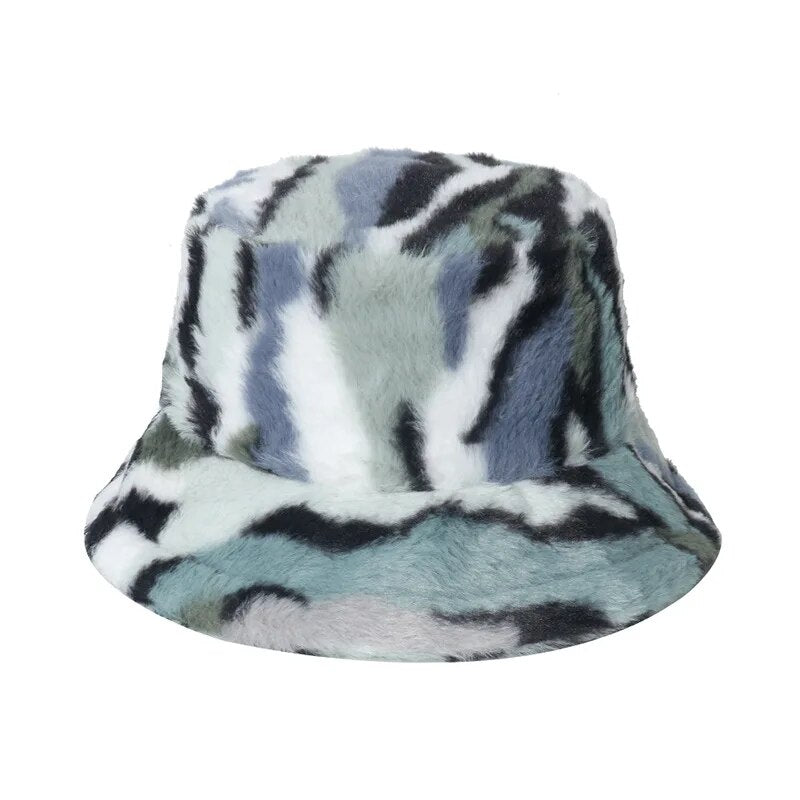 Print Faux Fur Fluffy Bucket Hat - Gray Purple White /
