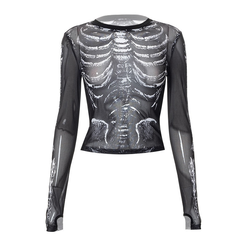 Y2k Gothic Bone Print Black Mesh Sheer Long Sleeve Jersey -
