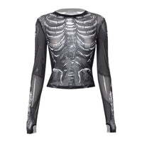 Thumbnail for Y2k Gothic Bone Print Black Mesh Sheer Long Sleeve Jersey -