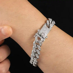 Double Row Pave Rhinestone Diamond Cuban Link Chain Bracelet