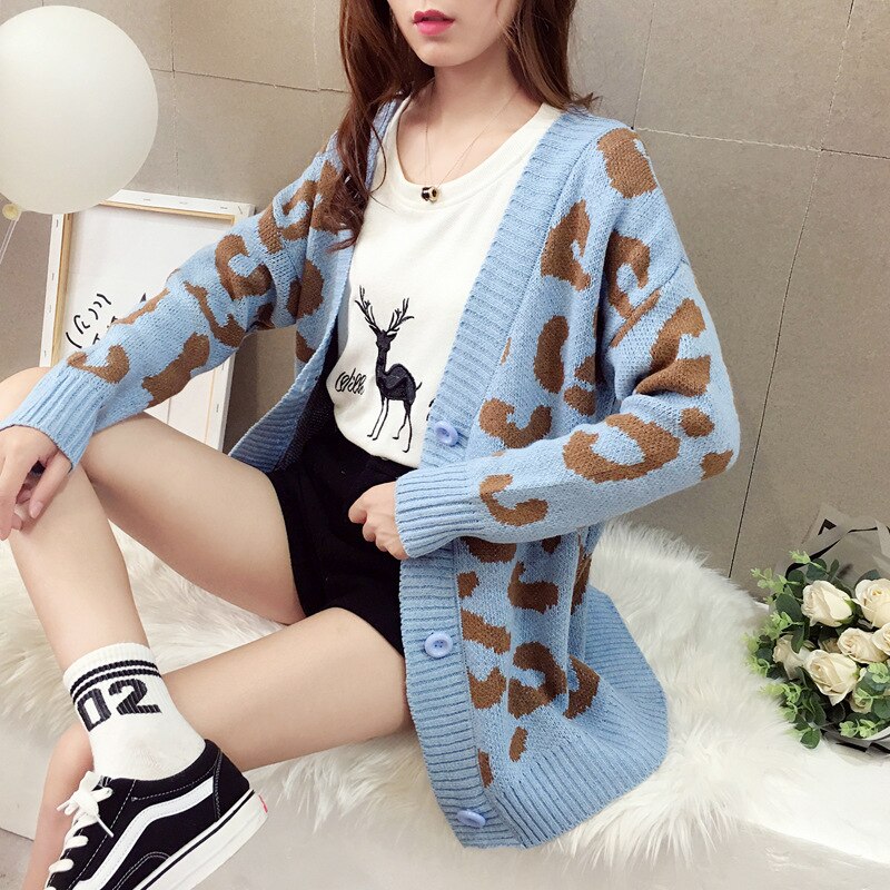 Knitted Leopard V Neck Loose Button Cardigan - Blue / One