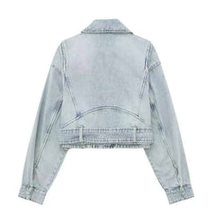 Denim Lapel Long Sleeve Belt Short Jacket