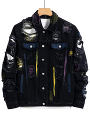 Distressed Denim Jacket Colorblock Black