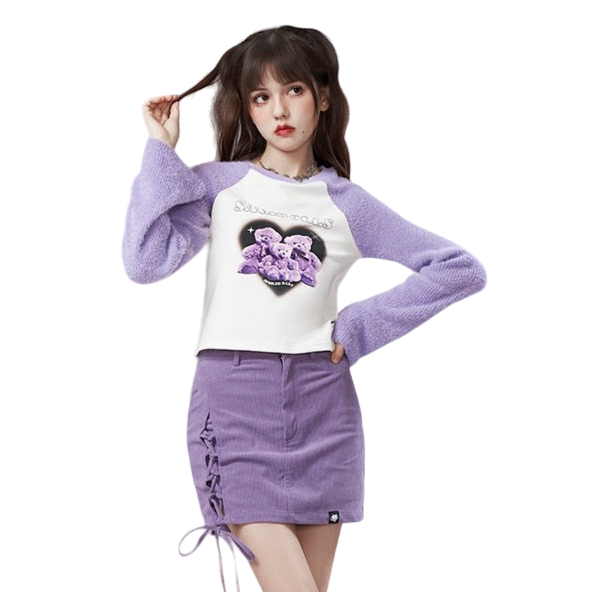 Harajuku Y2k Purple Knitted Splicing Printed T-shirt -