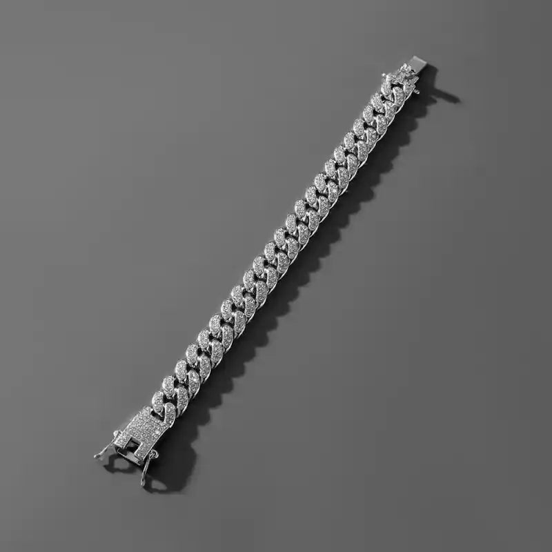 Double Row Pave Rhinestone Diamond Cuban Link Chain Bracelet