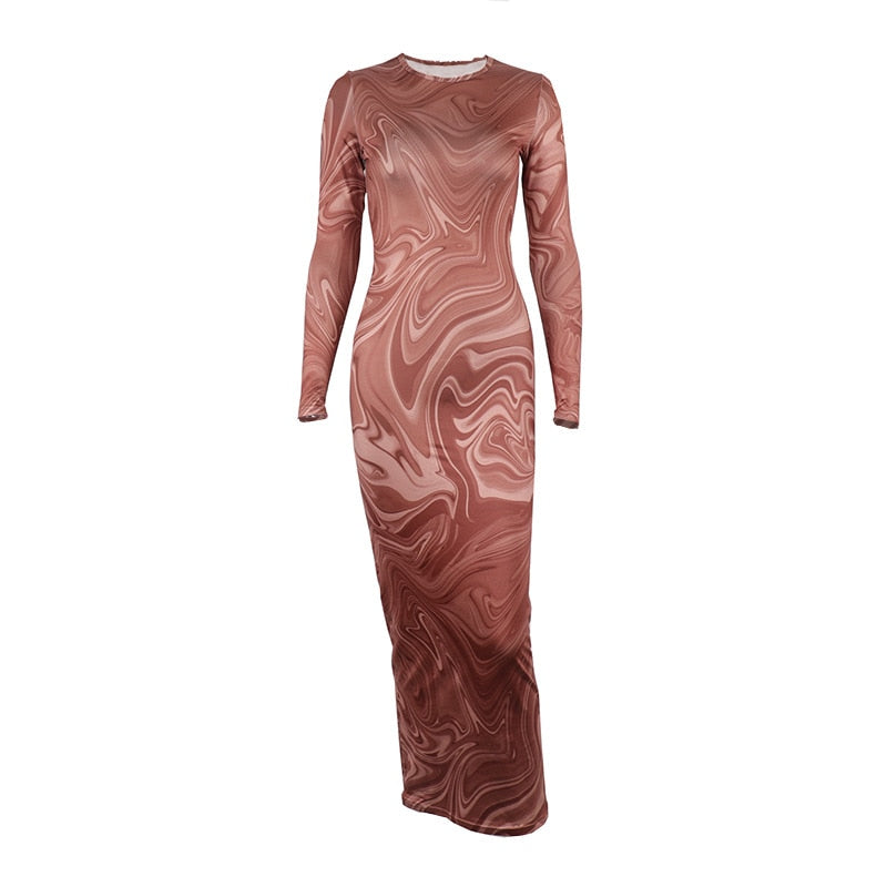 Tie Dye Long Sleeve Body-con Dresses - Brown / S (155cm