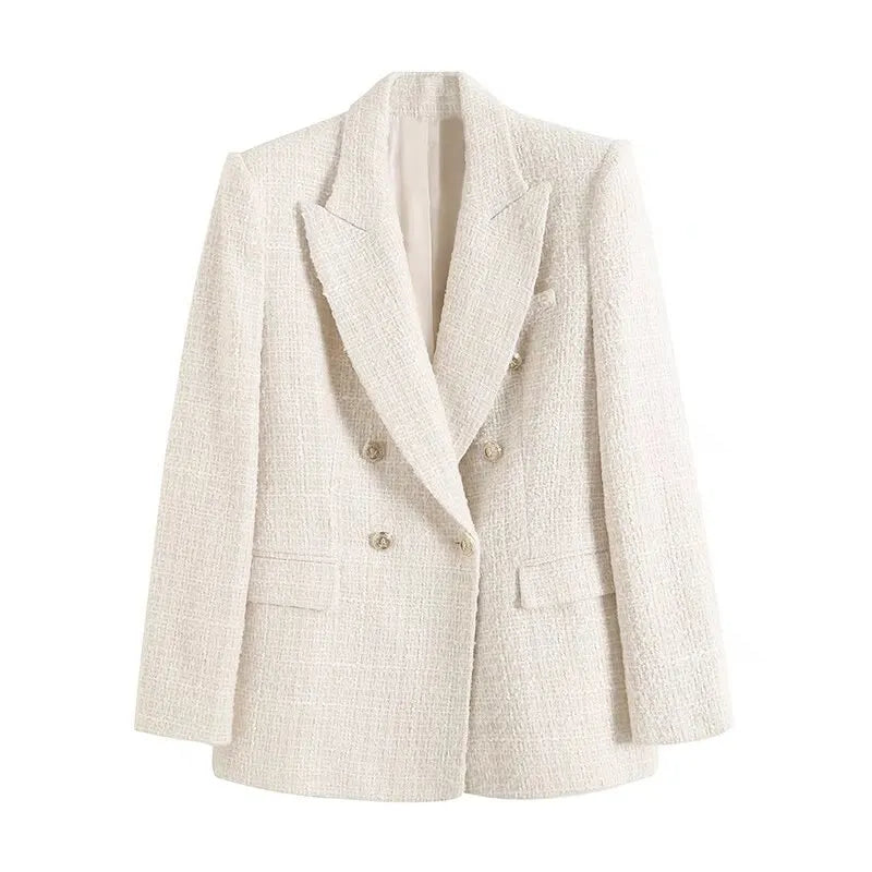 Double Breasted Houndstooth Long Sleeve Blazer - M / Beige