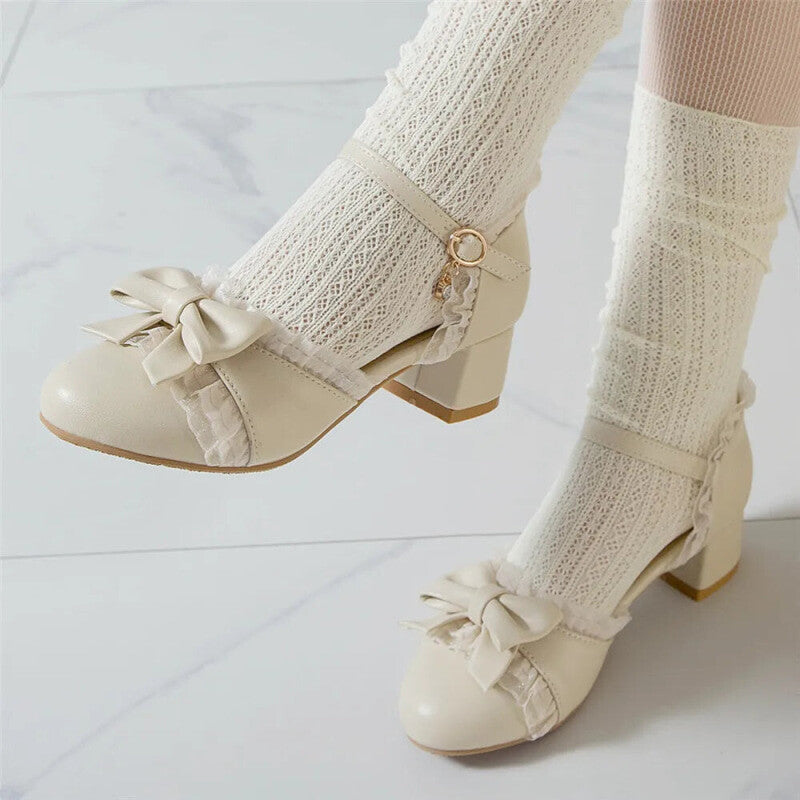 Bow Ruffle Square Heel Buckle Up Sandals