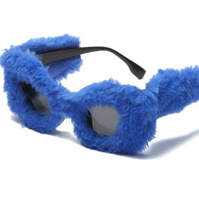 Oversized Soft Fur Cat Eye Sunglasses Plush Fashion - Blue /