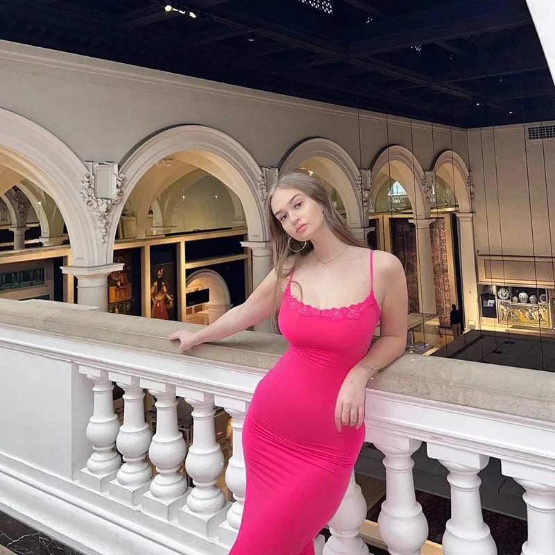 Elegant Pink Lace Maxi Dress - Long
