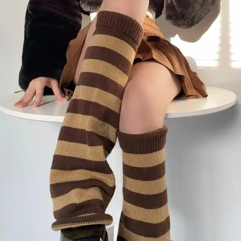 Striped Flared Leg Warmers Stretch Knee High Boots