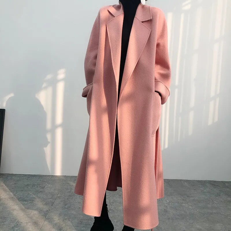 Turn Down Collar Trench Long Wool Coat - Pink / S