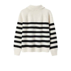 Striped Long Sleeve Loose Turn Down Collar Sweatshirt