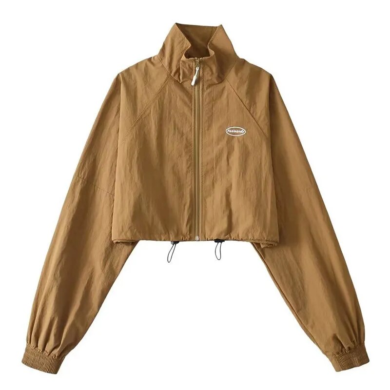Cropped Windbreaker Long Sleeve Jacket - Brown / S