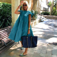 Thumbnail for Bohemian Short Sleeve Flared Dress - Blue / S