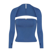 Thumbnail for Square Neck Long Sleeve Solid Color Cropped Top - Blue / S