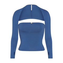 Square Neck Long Sleeve Solid Color Cropped Top - Blue / S