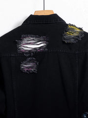 Distressed Denim Jacket Colorblock Black