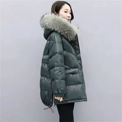 Mid Length Loose Puffy Woolen Collar Hooded Coat