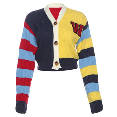 Y2K Letter V Neck Striped Knitted Cardigan