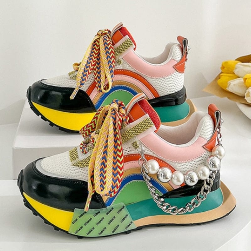 Zapatillas con plataforma y cadena en Y con perlas y patchwork