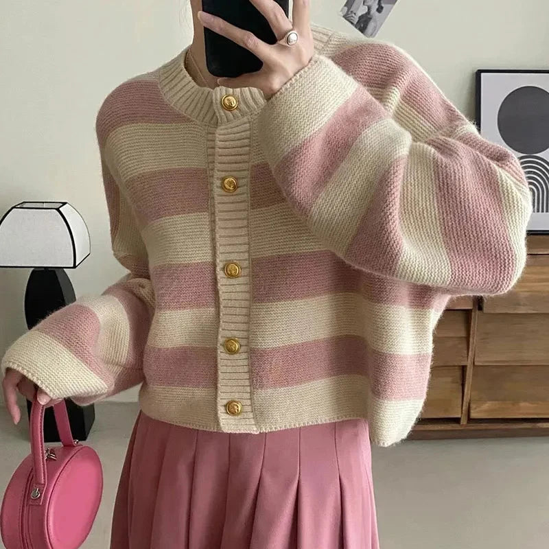 Round Neck Striped Knitted Button Up Loose Cardigan