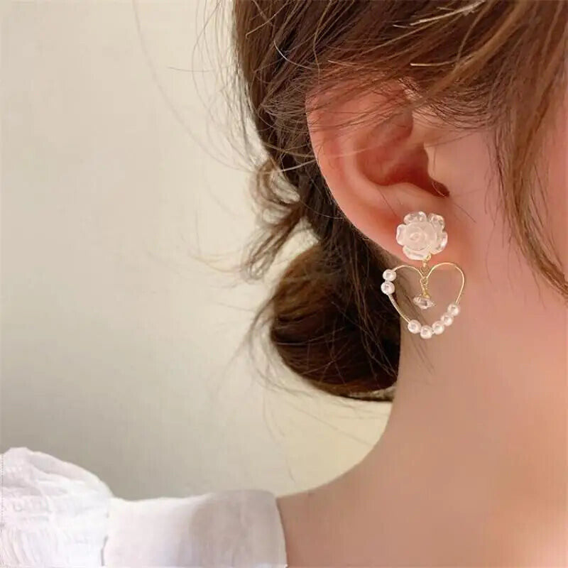 Heart Camellia Pearl Earrings