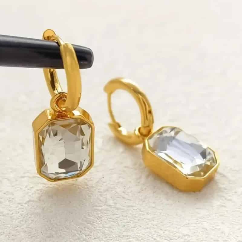 Square Crystal Stainless Steel Drop Hoop Earrings