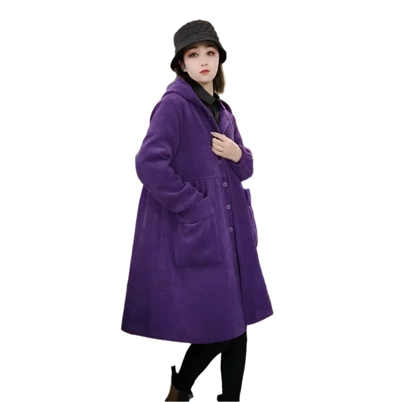 Long Loose Pocket Corduroy Hooded Thick Coat