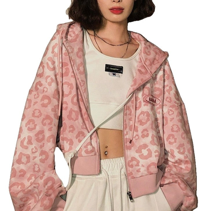 Y2K Pink Leopard Hoodie Jacket - hoodie jacket