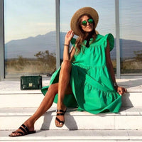 Thumbnail for Bohemian Short Sleeve Flared Dress - Green / S
