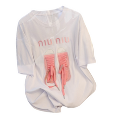 Cotton Short-sleeve Round Neck Graphic T-Shirt - Pink / M
