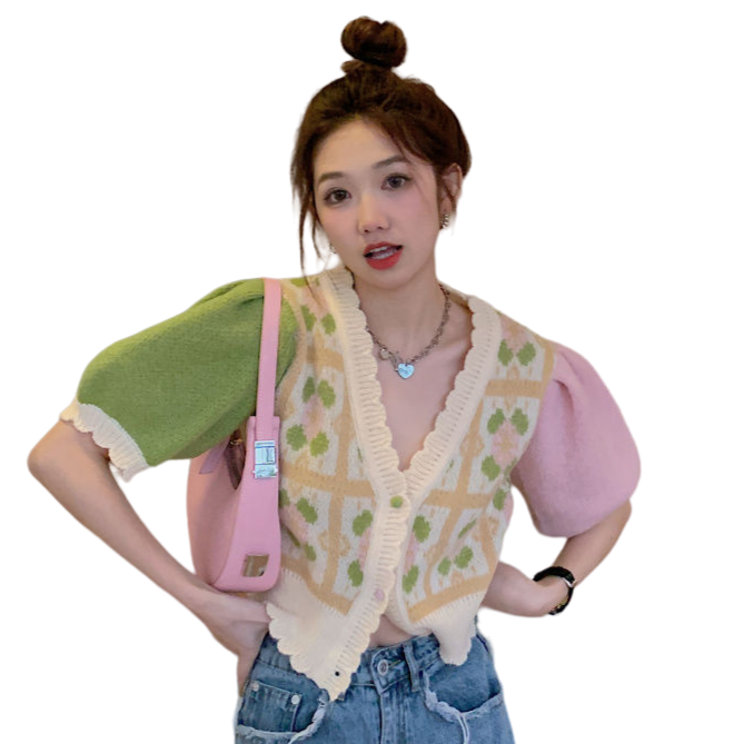 Versatile Loose Puff Sleeve Knitwear Cardigan - Pink Green /