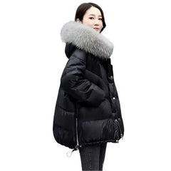 Mid Length Loose Puffy Woolen Collar Hooded Coat